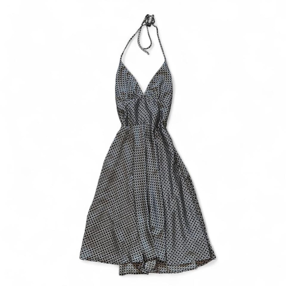 Y2k babydoll v neck halter black white pattern midi dress 7/8
